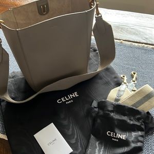 Celine Sangle Small Bucket Bag and extra strap in soft grained calfskin. Taupe